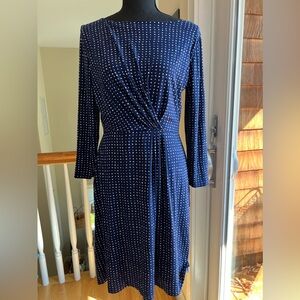 LE LIS NAVY BLU & WHITE‎ POLKA DOT DRESS SLIPS ON VERY SOFT FABRIC COMFY STRETCH